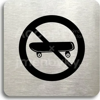 Informační tabulka Stříbrný piktogram "zákaz jízdy na skateboardu" s černým&nbsp;textem bez rámečku -