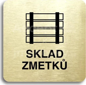 Informační tabulka Zlatý piktogram "sklad zmetků" s černým&nbsp;textem bez rámečku&nbsp;-