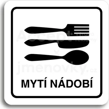 Značení Bílý piktogram "mytí nádobí" s černým textem a rámečkem&nbsp;-
