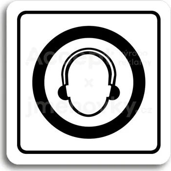 Značení Bílý piktogram "použij ochranu sluchu" s černým textem a rámečkem&nbsp;-