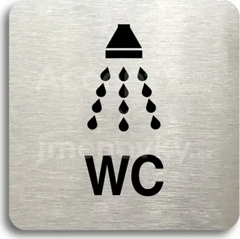 Informační tabulka Stříbrný piktogram "sprcha, WC" s černým&nbsp;textem bez rámečku -