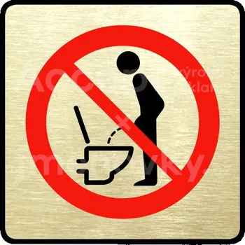 Značení Zlatý piktogram "zákaz močení ve stoje" s červeným textem a rámečkem -