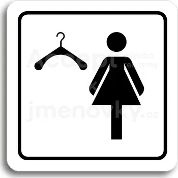 Informační tabulka Bílý piktogram "šatna ženy" s černým textem a rámečkem - 80 x 80 mm