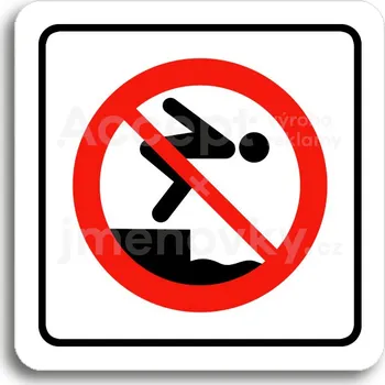 Informační tabulka Bílý piktogram "zákaz skákání do vody" s červeným textem a rámečkem -