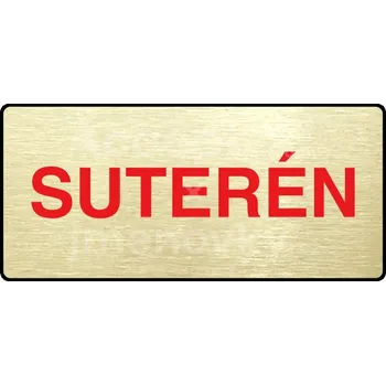 Informační tabulka Zlatý piktogram "SUTERÉN" s červeným textem a rámečkem -