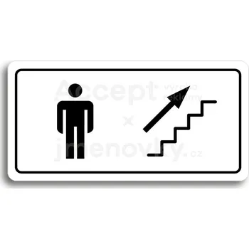 Značení Bílý piktogram "WC MUŽI VPRAVO NAHORU" s černým textem a rámečkem&nbsp;-