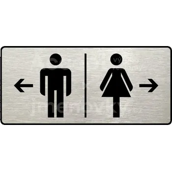 Informační tabulka Stříbrný piktogram "WC MUŽI VLEVO, WC ŽENY VPRAVO" s černým&nbsp;textem a rámečkem&nbsp;-