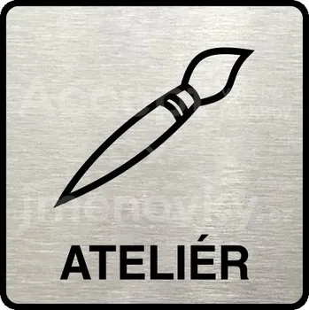 Informační tabulka Stříbrný piktogram "ateliér" s černým&nbsp;textem a rámečkem&nbsp;-