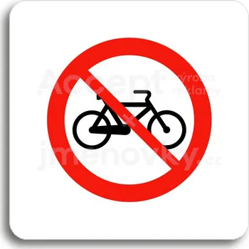 Informační tabulka Bílý piktogram "zákaz jízdy na bicyklu" s červeným textem bez rámečku - 80 x 80 mm