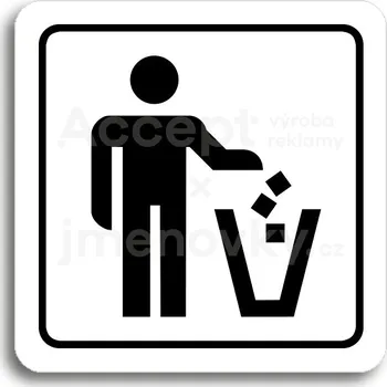 Informační tabulka Bílý piktogram "koš na odpadky" s černým textem a rámečkem - 80 x 80 mm