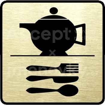 Informační tabulka Zlatý piktogram "kuchyňka" s černým textem a rámečkem -