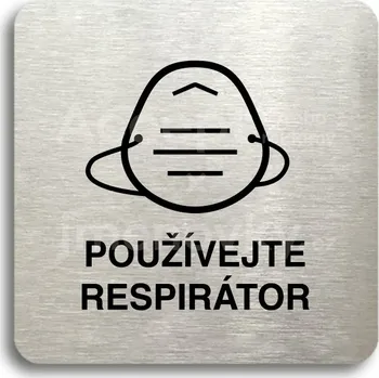 Informační tabulka Stříbrný piktogram "používejte respirátor IV" s černým&nbsp;textem bez rámečku -