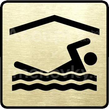 Informační tabulka Zlatý piktogram "bazén krytý" s černým&nbsp;textem a rámečkem&nbsp;-