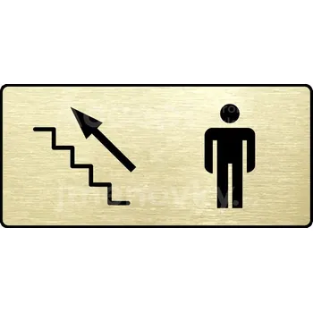Informační tabulka Zlatý piktogram "WC MUŽI VLEVO NAHORU" s černým textem a rámečkem -
