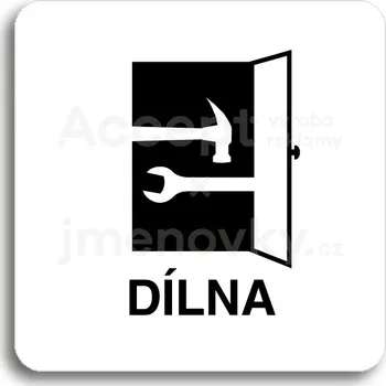 Informační tabulka Bílý piktogram "dílna" s černým textem bez rámečku&nbsp;-