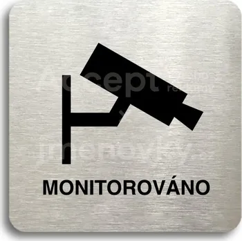 Informační tabulka Stříbrný piktogram "monitorováno" s černým textem bez rámečku - 80 x 80 mm