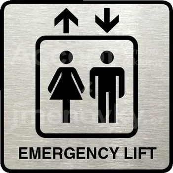 Informační tabulka Stříbrný piktogram "emergency lift" s černým textem a rámečkem -