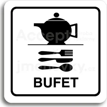 Informační tabulka Bílý piktogram "bufet" s černým textem a rámečkem -