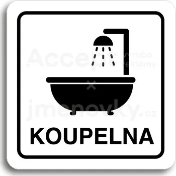Informační tabulka Bílý piktogram "koupelna II" s černým textem a rámečkem - 80 x 80 mm
