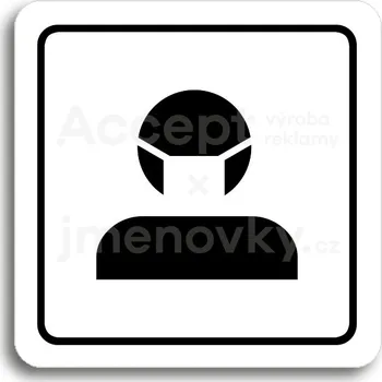 Informační tabulka Bílý piktogram "rouška III" s černým textem a rámečkem - 80 x 80 mm