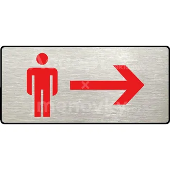 Informační tabulka Stříbrný&nbsp;piktogram "WC MUŽI VPRAVO" s červeným textem a rámečkem&nbsp;-