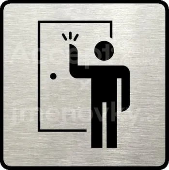 Informační tabulka Stříbrný piktogram "klepat! III" s černým textem a rámečkem - 80 x 80 mm