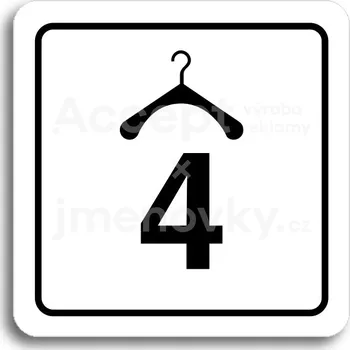 Informační tabulka Bílý piktogram "šatna 4 II" s černým textem a rámečkem - 80 x 80 mm