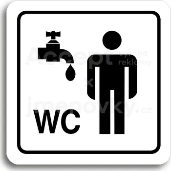 Informační tabulka Bílý piktogram "umývárna, WC muži" s černým textem a rámečkem -