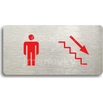Informační tabulka Stříbrný&nbsp;piktogram "WC MUŽI VPRAVO DOLŮ" s červeným textem bez rámečku&nbsp;-