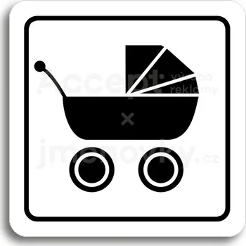 Informační tabulka Bílý piktogram "kočárkárna" s černým textem a rámečkem - 80 x 80 mm