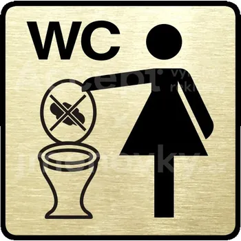 Informační tabulka Zlatý piktogram "zákaz vhazování předmětů do WC" s černým textem a rámečkem - 80 x 80 mm