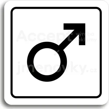Informační tabulka Bílý piktogram "WC muži IV" s černým textem a rámečkem - 80 x 80 mm