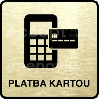 Informační tabulka Zlatý piktogram "platba kartou II" s černým textem a rámečkem -