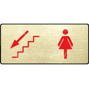 Informační tabulka Zlatý piktogram "WC ŽENY VLEVO DOLŮ" s červeným textem a rámečkem -