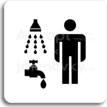 Informační tabulka Bílý piktogram "sprcha, umývárna muži" s černým textem bez rámečku -