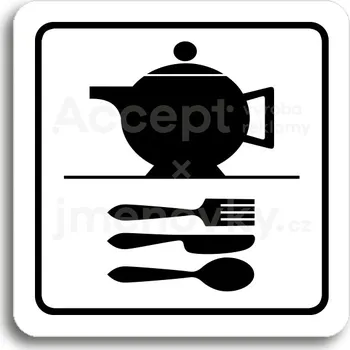 Informační tabulka Bílý piktogram "kuchyňka" s černým textem a rámečkem&nbsp;-