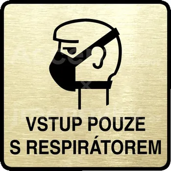 Informační tabulka Zlatý piktogram "vstup pouze s respirátorem II" s černým&nbsp;textem a rámečkem&nbsp;-