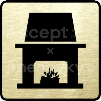 Značení Zlatý piktogram "krb" s černým textem a rámečkem -