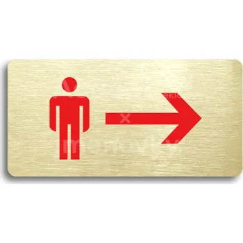 Informační tabulka Zlatý&nbsp;piktogram "WC MUŽI VPRAVO" s červeným textem bez rámečku&nbsp;-
