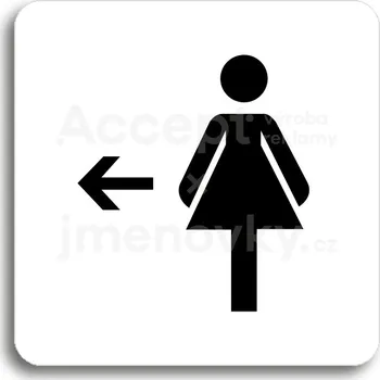 Informační tabulka Bílý piktogram "WC ženy vlevo" s černým textem bez rámečku&nbsp;-