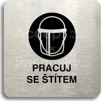 Informační tabulka Stříbrný piktogram "pracuj se štítem IV" s černým textem bez rámečku -
