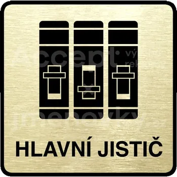 Informační tabulka Zlatý piktogram "hlavní jistič" s černým textem a rámečkem -