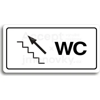 Informační tabulka Bílý piktogram "WC VLEVO NAHORU" s černým textem a rámečkem&nbsp;-