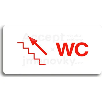 Značení Bílý piktogram "WC VLEVO NAHORU" s červeným textem bez rámečku&nbsp;-
