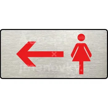 Značení Stříbrný&nbsp;piktogram "WC ŽENY VLEVO" s červeným textem a rámečkem&nbsp;-