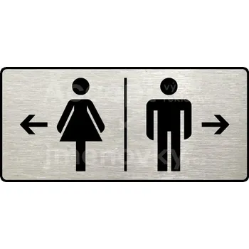 Informační tabulka Stříbrný piktogram "WC ŽENY VLEVO, WC MUŽI VPRAVO" s černým&nbsp;textem a rámečkem&nbsp;-