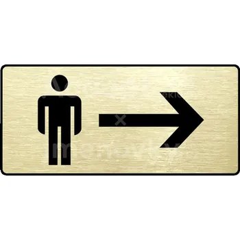 Informační tabulka Zlatý piktogram "WC MUŽI VPRAVO" s černým&nbsp;textem a rámečkem&nbsp;-