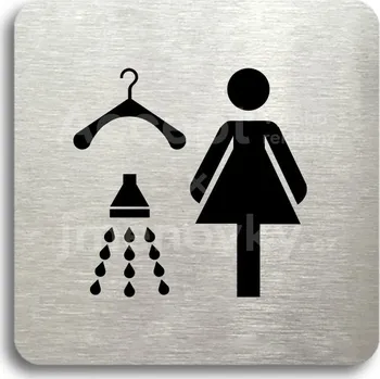 Informační tabulka Stříbrný piktogram "šatna se sprchou ženy" s černým textem bez rámečku -