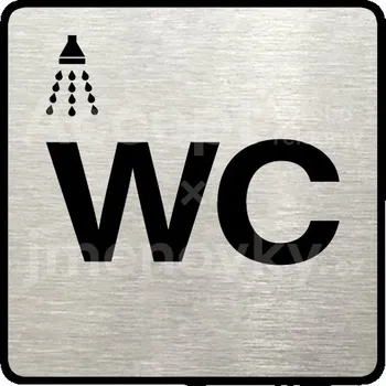 Informační tabulka Stříbrný piktogram "sprcha, WC II" s černým textem a rámečkem -