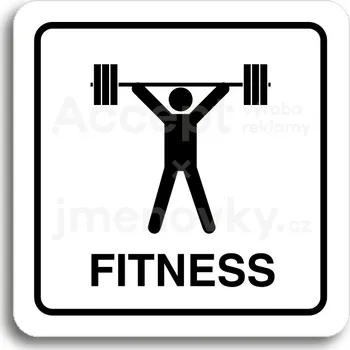 Informační tabulka Bílý piktogram "fitness III" s černým textem a rámečkem&nbsp;-